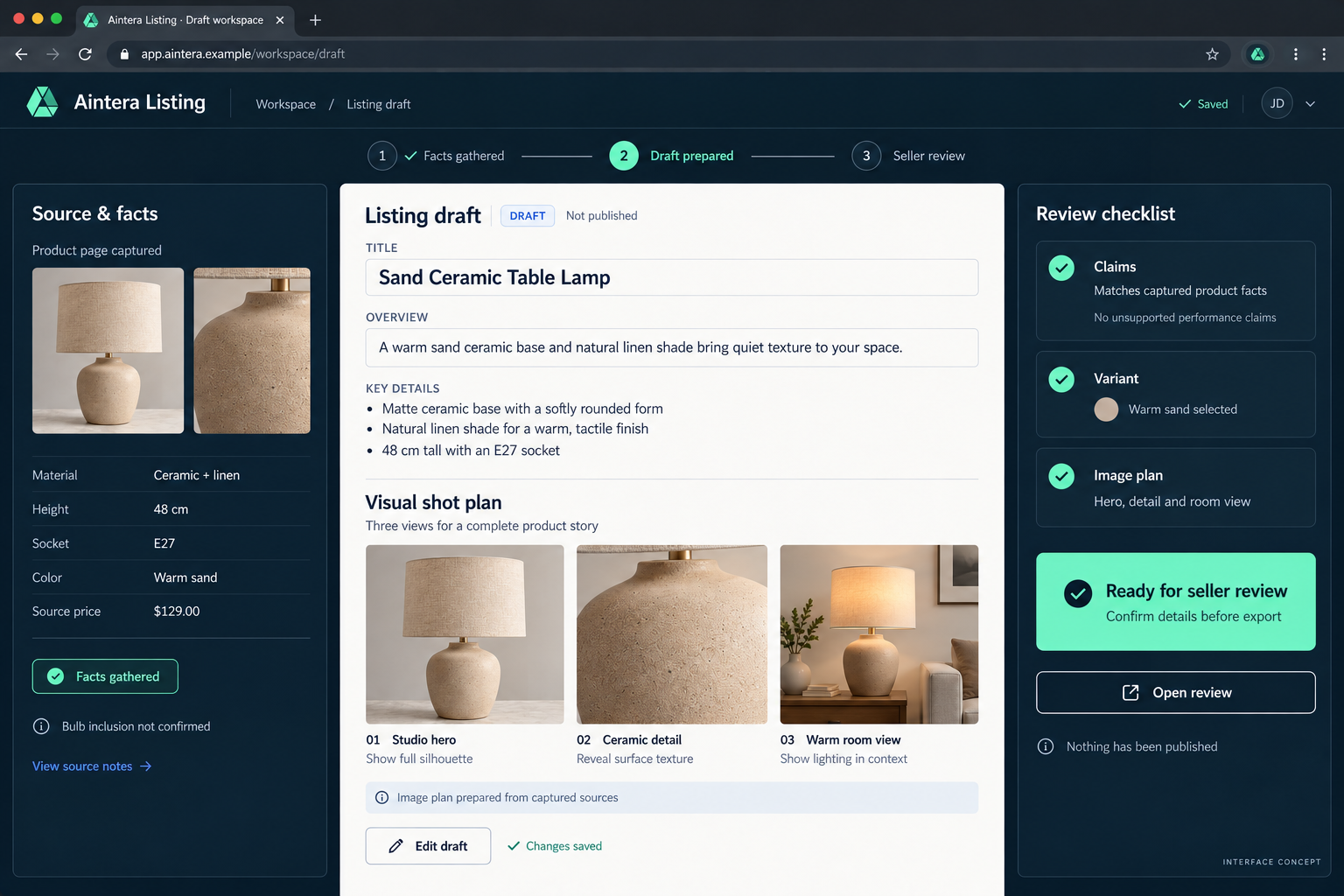 Reviewable listing draft and visual plan